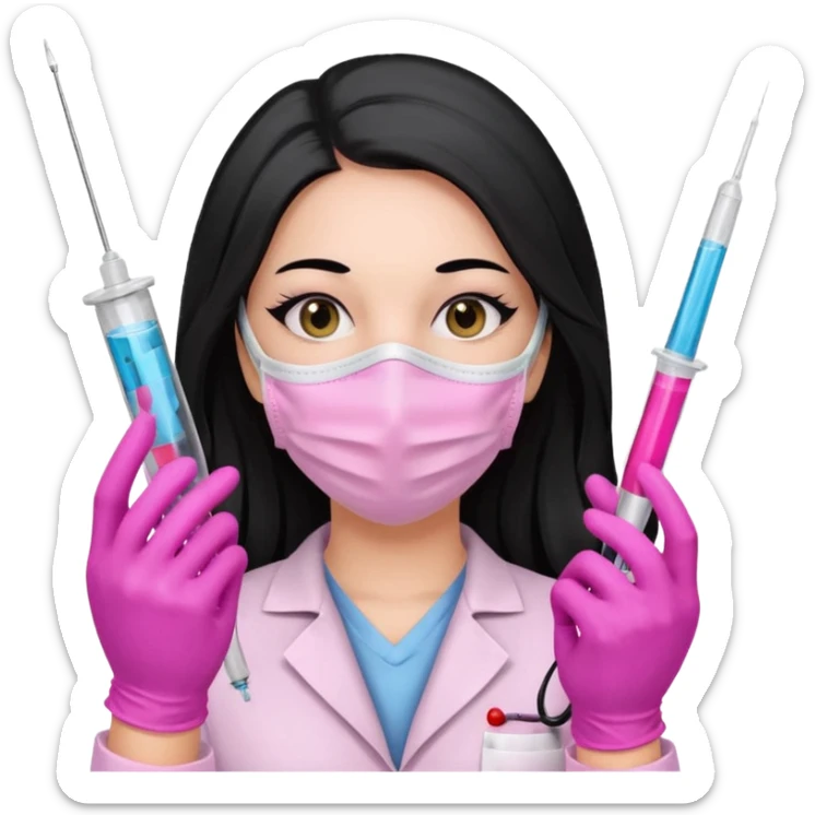 laboratorista con guantes rosa y mascarilla rosa  jeringa tubos  pelo negro largo triguella sin lentes pelo lacio negro y largo  sticker