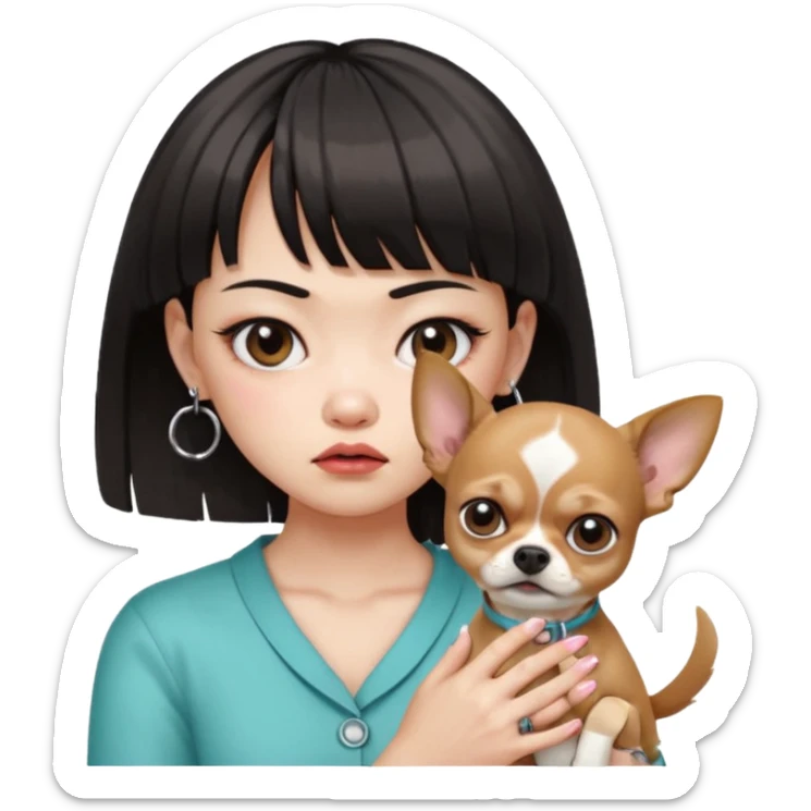 a pretty Asian girl, with hair bangs, pale skin, wearing a pair of hoop earring,with manicure holding a chihuahua in her, angry sticker