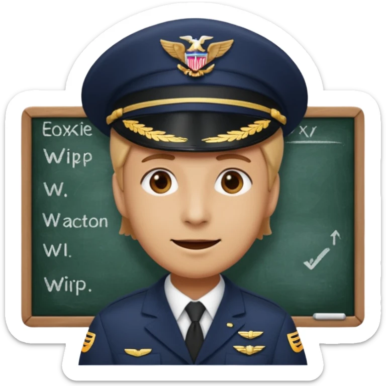 Slack-style emoji of a pilot wearing a navy captain hat holding a blackboard with the text "WIP" on it sticker
