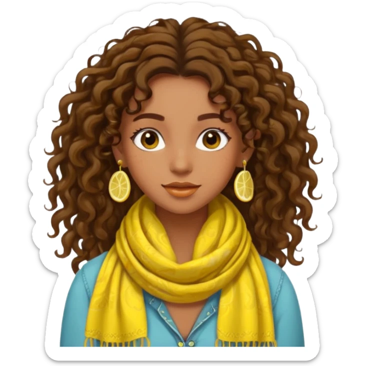 bohemian girl, brown skin, long curly brown hair up, lemon yellow scarf, round earrings, free-spirited sticker