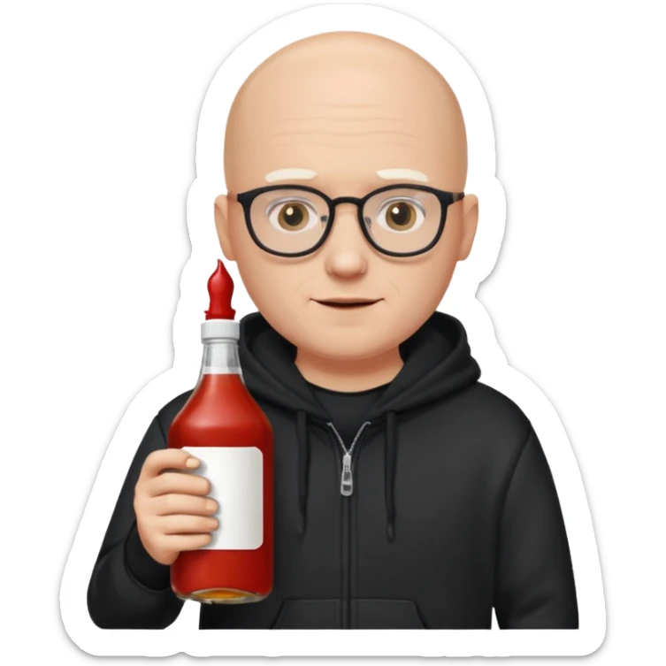 bald white guy with glasses, alopecia no eyebrows, wearing a black hoodie and black beanie, holding a bottle of ketchup in one hand and a bottle of whiskey in the other sticker