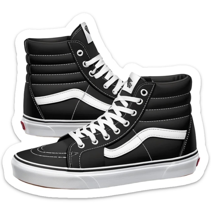 Black Vans Sk8-Hi shoes arranged as a neat pair with the back shoe slightly offset behind the front one, detailed high tops with signature white stripe and waffle soles sticker