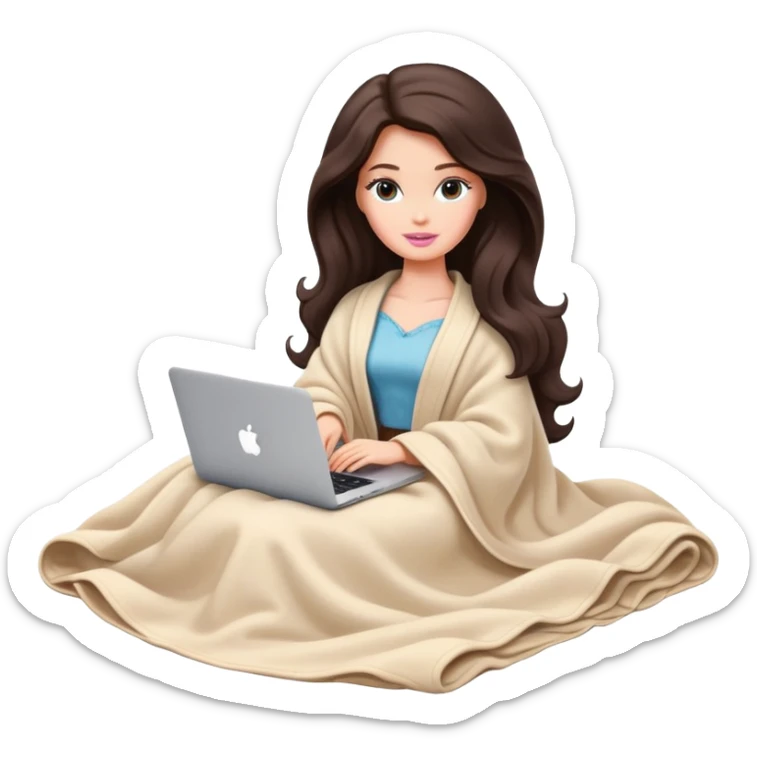 Barbie girl with a long wavy dark brown hair inside a pale beige blanket working macbook  sticker
