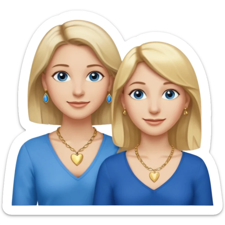 Two women: one with dark blonde medium-length hair, blue eyes, and a gold necklace and earrings. The other is slightly shorter, also with blonde shoulder-length hair, blue eyes, a gold heart necklace, earrings, and a gold nose piercing. Both women are smiling. sticker