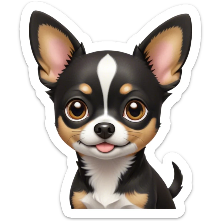 Cinematic Cute Black Tri Short Haired Chihuahua Portrait Emoji, Head tilted playfully and inquisitively, sleek black tri-color fur with bold patches of white and tan, round, sparkling dark eyes filled with curiosity, Simplified yet irresistibly adorable features, highly detailed, glowing with a warm, friendly glow, high shine, affectionate and lively, stylized with a touch of whimsy, bright and endearing, soft glowing outline, capturing the essence of a mischievous yet loving pup, so playful it feels like it could bound out of the screen and into your arms! sticker