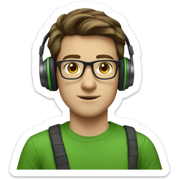 white young man with medium brown hair and square glasses wearing green t-shirt with laptop and headphones sticker