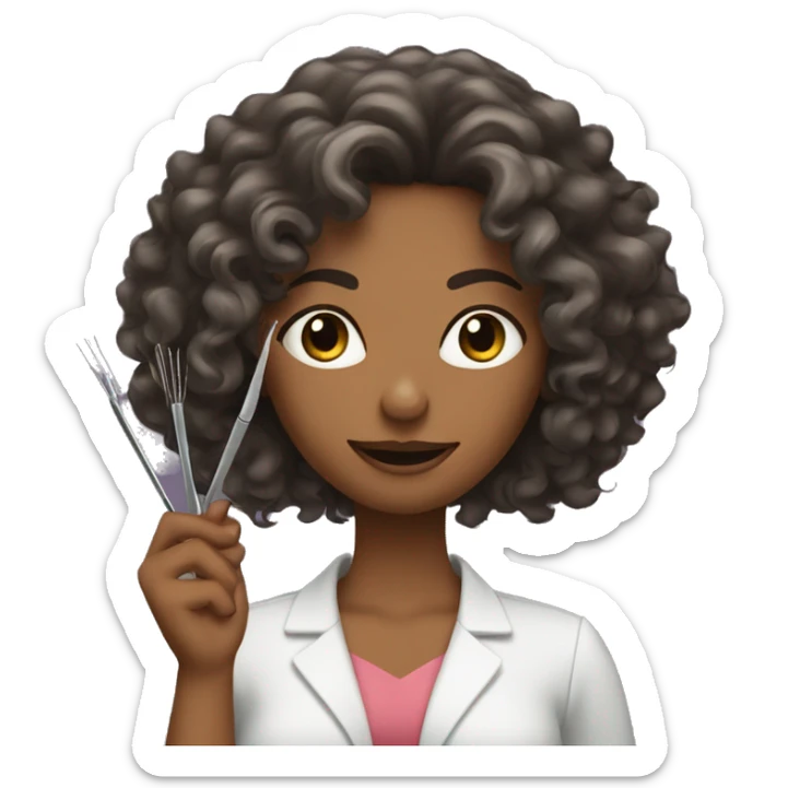 a woman with long kinda curly hair holding tweezers in her hands sticker