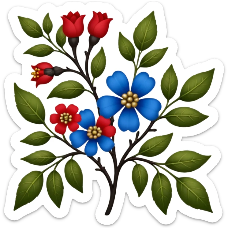 dull green leaves & red & blue flowers filigree design & small fruits& ebony branches, extremely detailed, complex design sticker