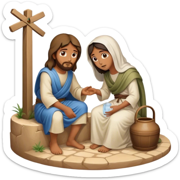 Había un pozo en medio de un camino polvoriento. Un día caluroso, Jesús de Nazaret se sentó junto al pozo para descansar. Una mujer samaritana se acercó al pozo con su cántaro. Jesús, con su voz amable, le dijo: "¿Me das un poco de agua para beber?" La mujer, se quedo extrañada sticker