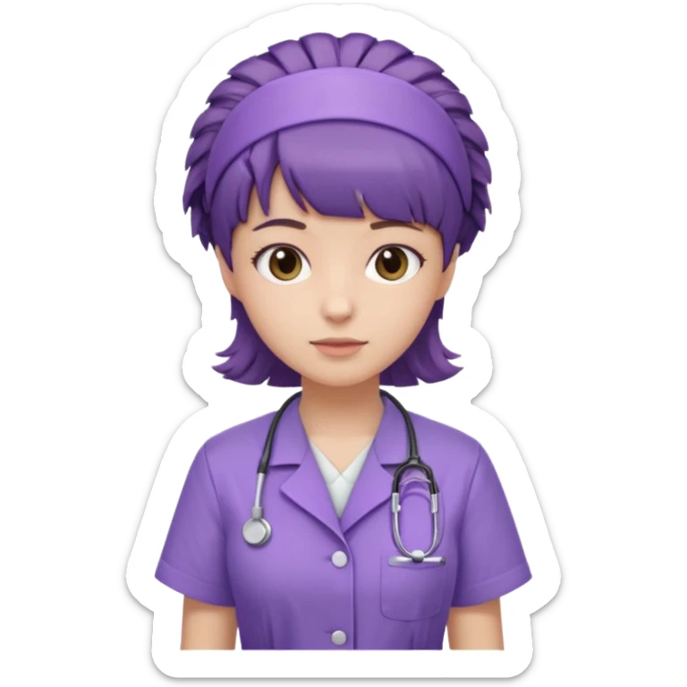 A young female slim nurse with short Brown hair with fringe over her forehead, wearing larvendar purple working cloth, show her hair style without any head wear sticker