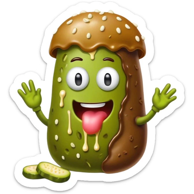 A cappy bar-a in a poop costume eating a pickle dipped in white chocolate  sticker