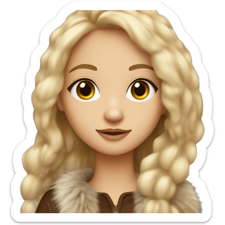 A girl, blonde long hair, brown eyes, light skin, pretty lips, cute outfit with a fur coat sticker