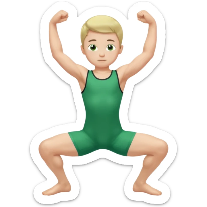 Little boy in a green sleeveless u-neck legless leotard flexing his arms and bending his knees sticker