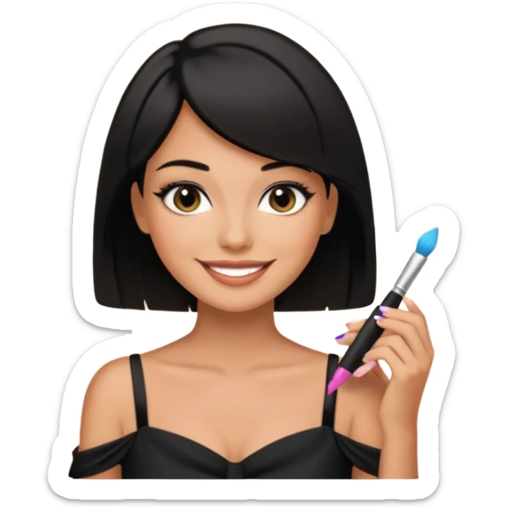 black short shoulder length hair tanned woman, black dress doing girly things sticker