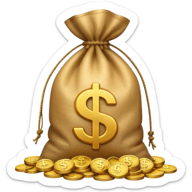 sack of money with a play icon printed on it, no dollar sign, coins stacked beside sticker