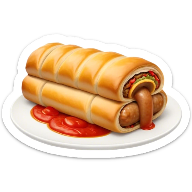 cinematic-realistic-sausage-roll-dish-emoji,-depicted-with-a-crisp,-golden-pastry-wrapped-around-flavorful-sausage,with a squeeze of tomatoe sauce on top sticker