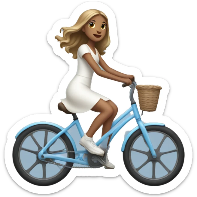 Girl riding very light blue bike, she is wearing white dress, she has long light brown hair and light skin sticker