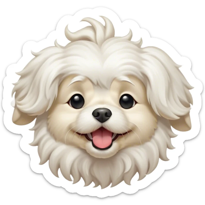 Cinematic Cute Yawning Wavy-Haired Maltese dog Portrait Emoji, Head tilted slightly with a dramatic, wide-open yawn, showcasing a lustrous, wavy-haired white coat with gentle highlights, floppy ears slightly drooping, round dark eyes barely open in drowsy contentment, Simplified yet irresistibly adorable features, highly detailed, glowing with a soft, cozy glow, high shine, relaxed yet expressive, stylized with a touch of whimsy, bright and endearing, soft glowing outline, capturing the essence of a sleepy yet affectionate companion, so drowsy it feels like it could stretch right out of the screen and curl up for a nap! sticker