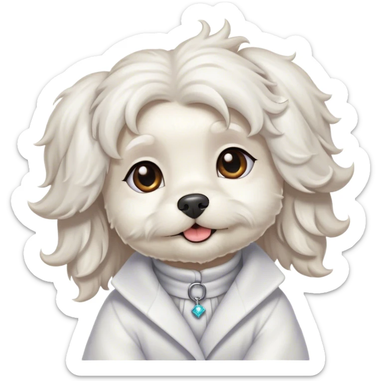 Cinematic Cute Wavy-Haired Maltese Portrait Emoji, Head tilted playfully and inquisitively, featuring a luxurious, wavy-haired white coat with a healthy sheen, round, sparkling dark eyes filled with curiosity, Simplified yet irresistibly adorable features, highly detailed, glowing with a warm, friendly glow, high shine, affectionate and lively, stylized with a touch of whimsy, bright and endearing, soft glowing outline, capturing the essence of a mischievous yet loving companion, so playful it feels like it could scamper out of the screen and into your arms! sticker