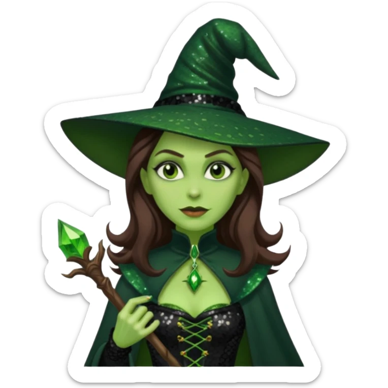 The Wicked Witch from Oz with long brown hair, green skin, black sequin outfit sticker