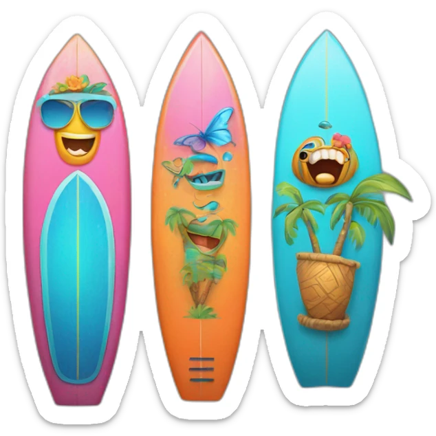 A surfboard Cartoon Blue and orange tiki smiling with butterfly and and Cartoon Blue and pink tiki singing with butterfly and mikrophone sticker