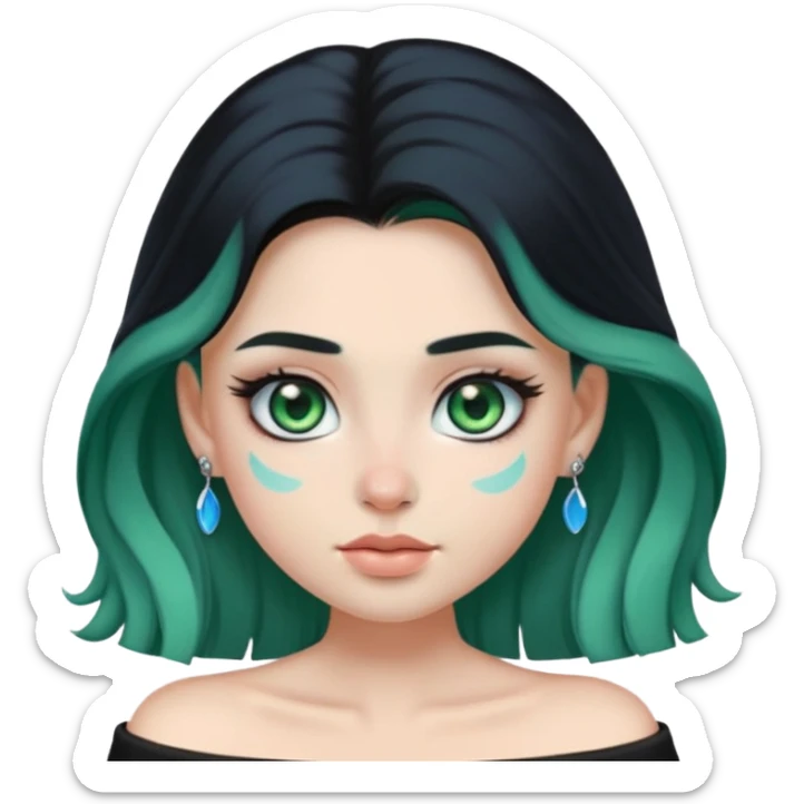a soft, dolllike emoji girl with light sage green skin and big green-blue eyes, long black hair that swoops gently at the ends, a tiny silver nose stud and a eyebrow piercing on the left side. off the shoulder black top that shows her collarbones sticker