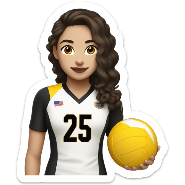 Brunette hair girl with white skin a black and gold volleyball jersey with the number 25 sticker