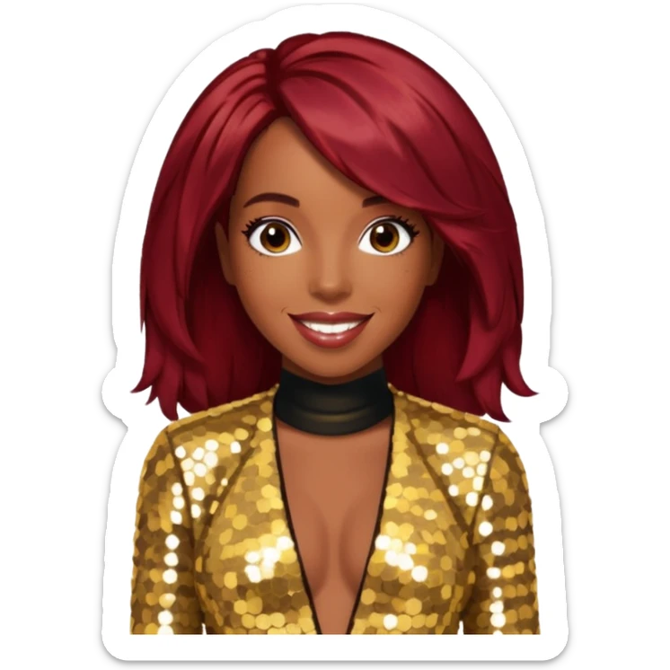 Kelly Rowland from Destiny's Child with dark red hair, gold sequin outfit sticker