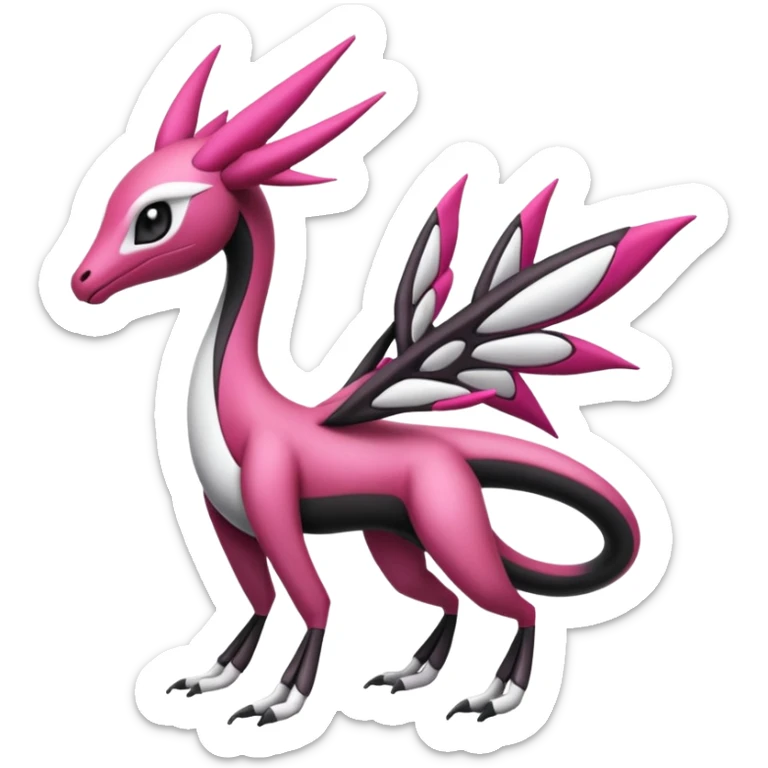 Magenta, black and white Meloetta-Flygon-Gorebyss-Salazzle-Pokémon-Fakémon-creature-fusion-hybrid sticker