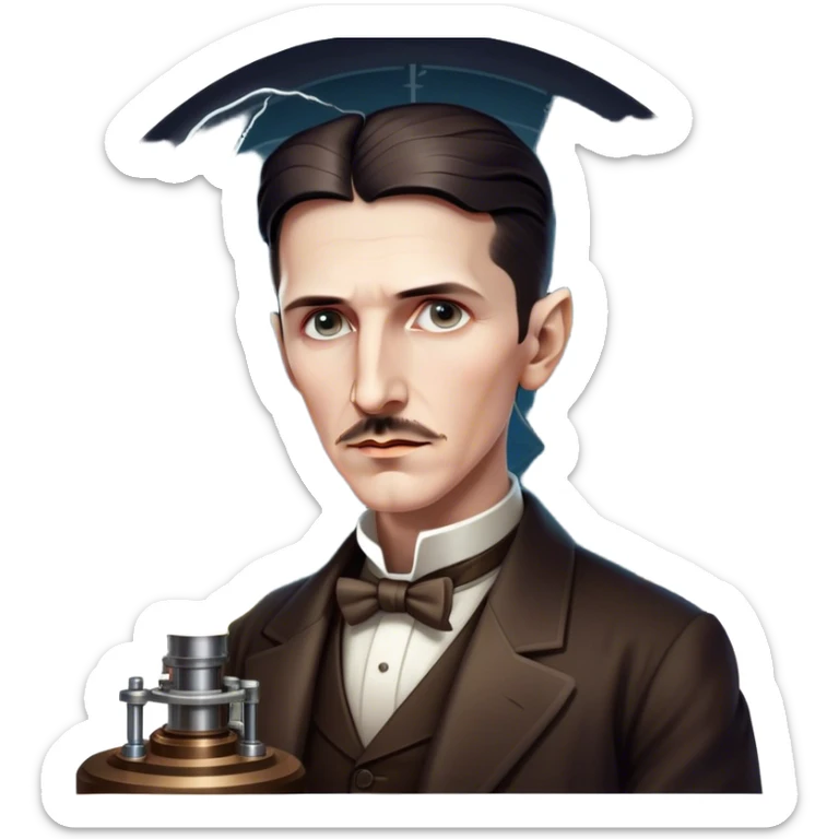 Nikola Tesla – Cinematic Realistic Portrait of Nikola Tesla, depicted as a visionary inventor with intense, thoughtful eyes and period attire, surrounded by subtle arcs of electric light and early laboratory apparatus, rendered with dramatic lighting that evokes mystery and innovation. sticker