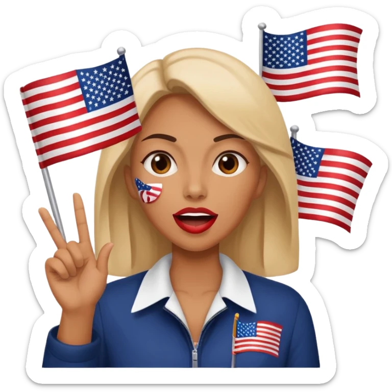 a woman is talking and the English and American flags are coming out sticker