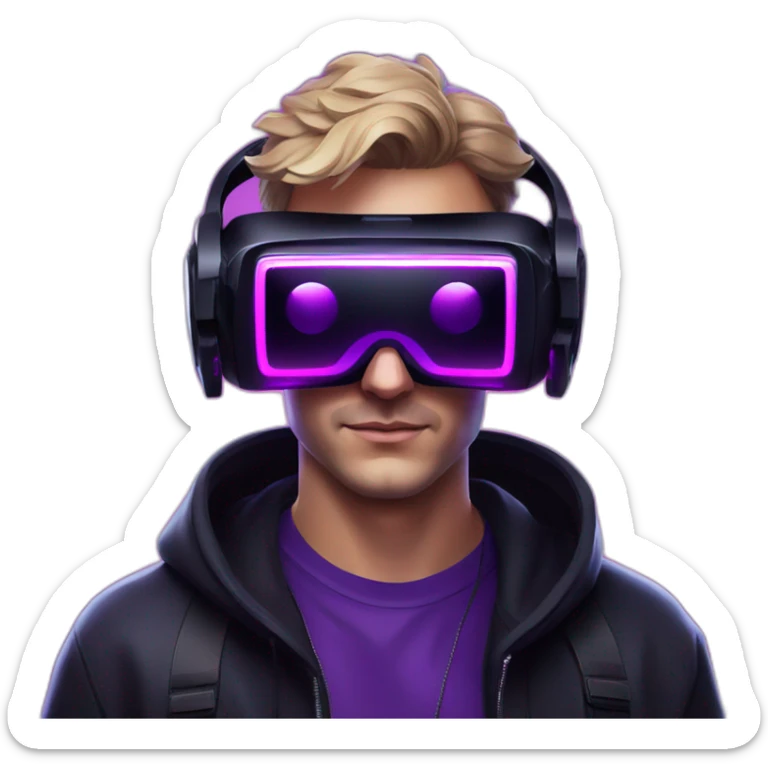 Russian man in the black hoody with violet OMG VR logo on it wearing vr headset oculus quest 2. Cyberpunk style. Violet neon. sticker