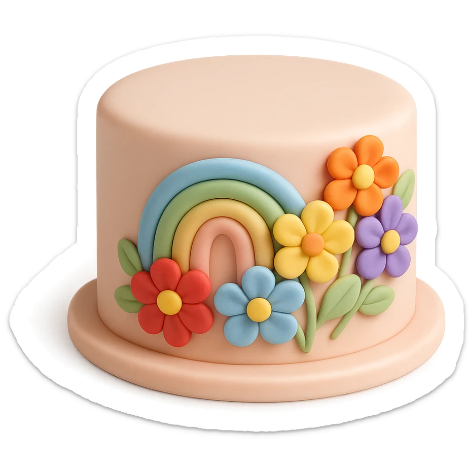 round fondant cake with rainbow flowers sticker