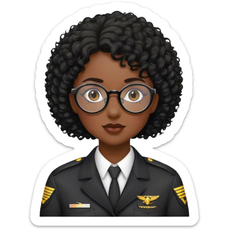 femme pilote d'avion en uniforme noir aux cheveux bouclés noir et petites lunettes arrondis  sticker
