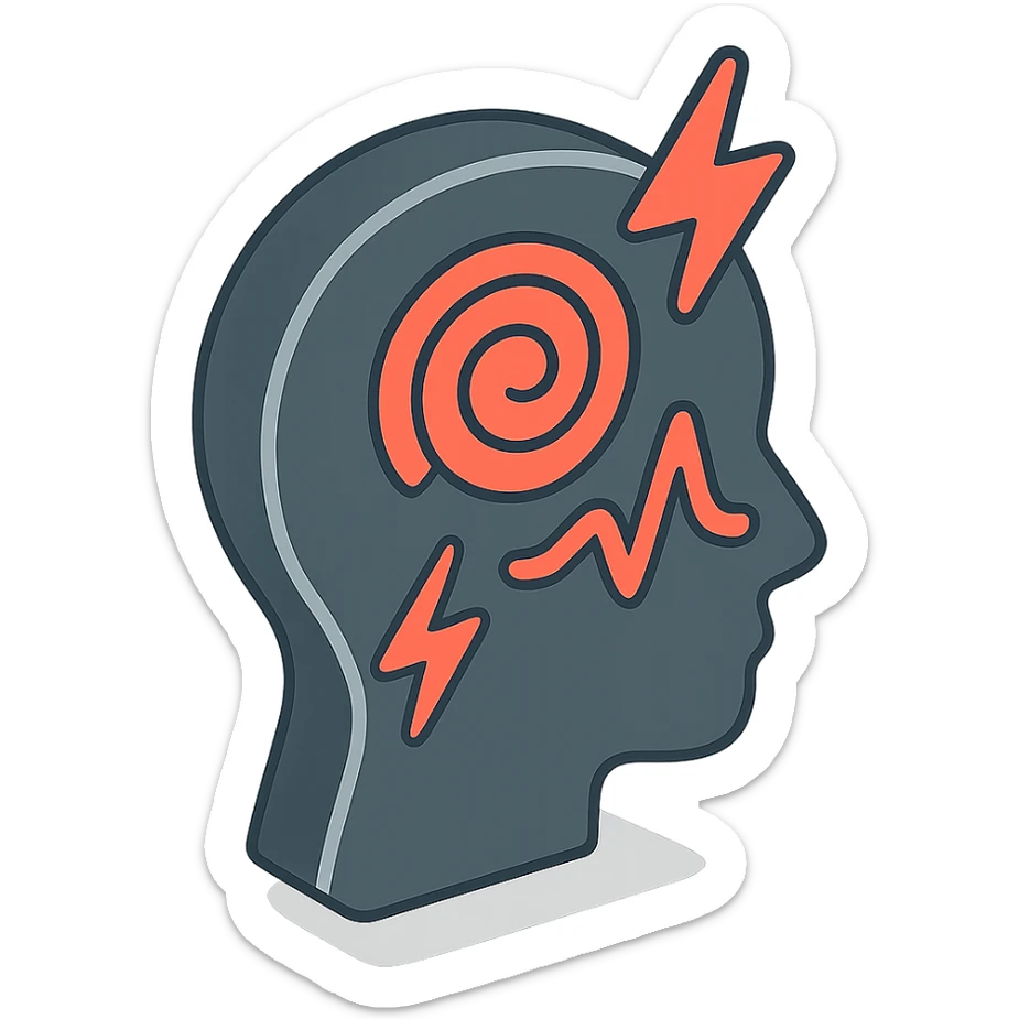 silhouette of a head or person with emphasis on the head area symbolizing headache, including pain icons such as lightning, pulse, red zone, or spiral, clear shadows and highlights, 2D isometric style sticker