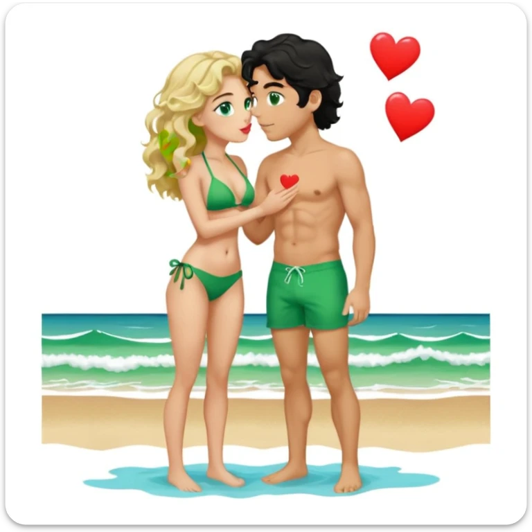 Blonde girl Green eyes wavy hair Green Bikini whole body Kissing man black Hair blue eyes Hearts in Body Background beach sticker