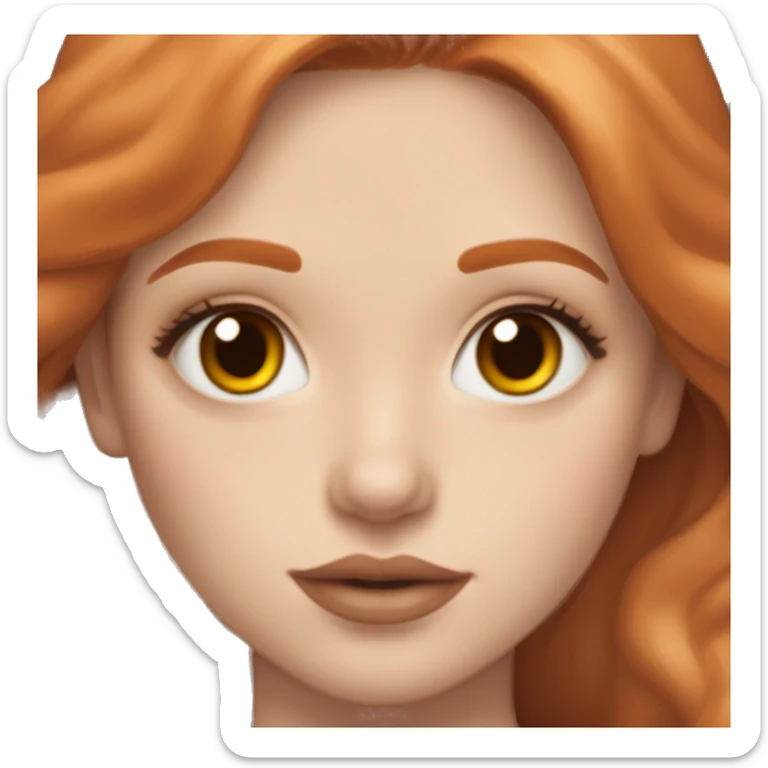 Girl with pale skin,long ginger hair, and brownish hazel eyes. Winged eyeliner, blush on cheeks, and brownish orange lip gloss sticker