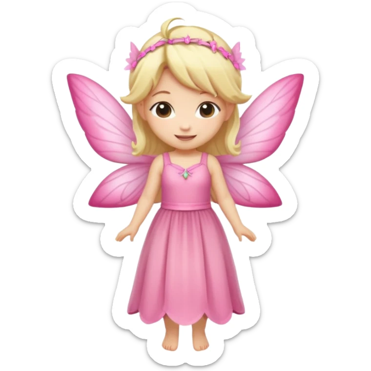 fairy with blonde hair, pink wings and long dress, happy, chibi full body sticker