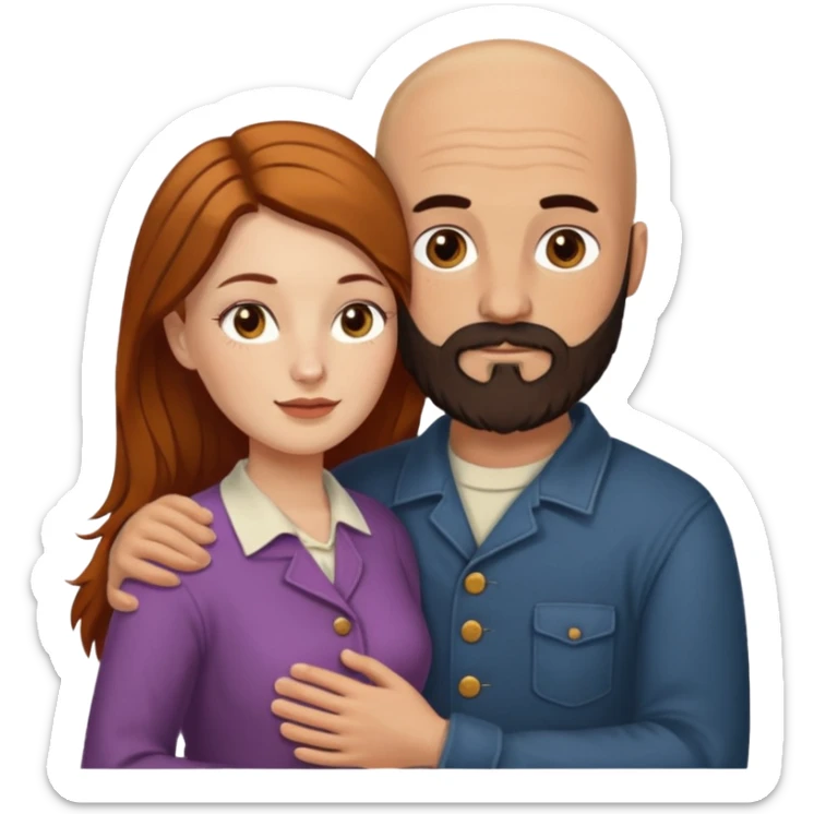 Couple. Bald man with dark brown-black beard. White woman with many small, faded freckles, she has white skin and she has auburn-yellow-brown-cinnamon, dark long hair. She has light brown eyes. The man have hazel eyes. Retro style. They hug. sticker