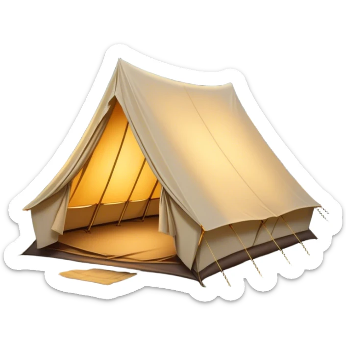 Cinematic Realistic Tent, a sturdy canvas tent nestled among tall trees, warm golden light spilling from inside, gentle folds in the fabric visible, glowing against the cool, dark forest backdrop, evoking a sense of adventure and comfort. sticker