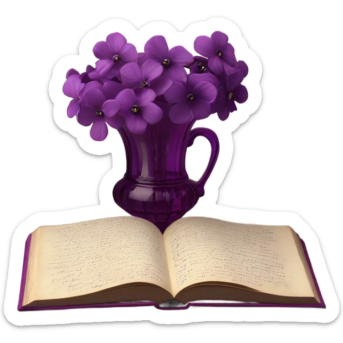 An aesthetic arrangement of a violet vintage book and dark magenta flowers in a light violet glass vase, surrounded by antique letters sticker