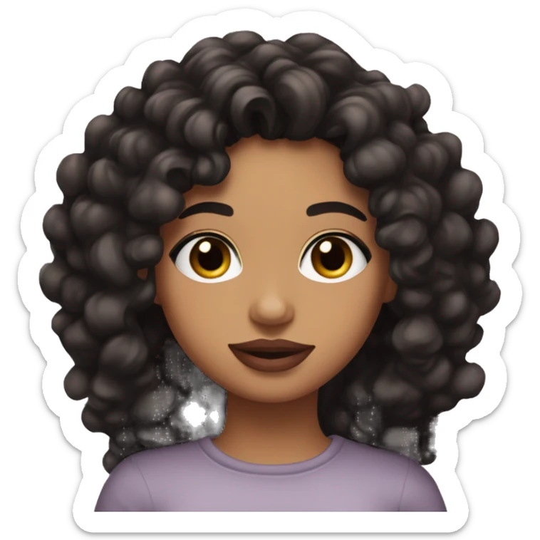 Hispanic emoji with hazel eyes, black loose curly hair, medium skin, dull pink lips and small hoop earrings sticker