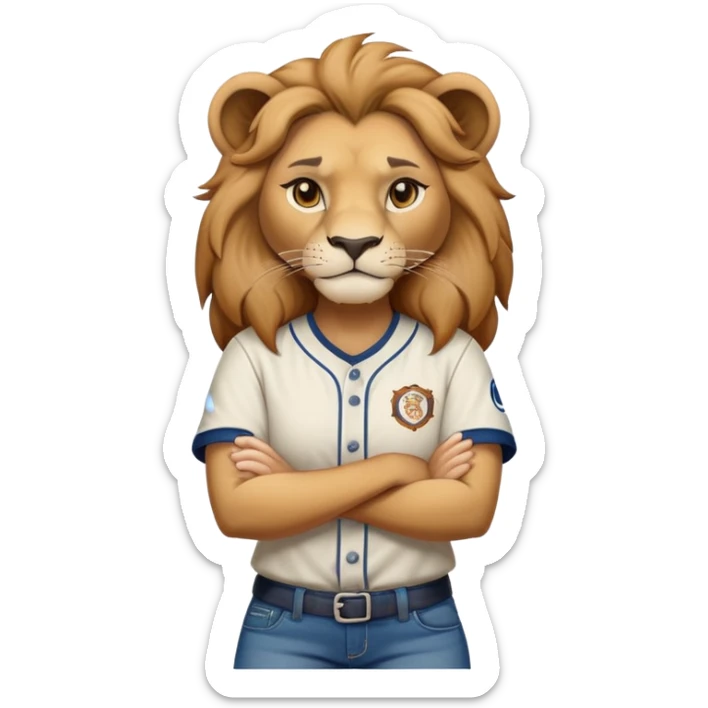 determined anthropomorphised female lion in a baseball shirt and jeans with arms folded, confident stance sticker