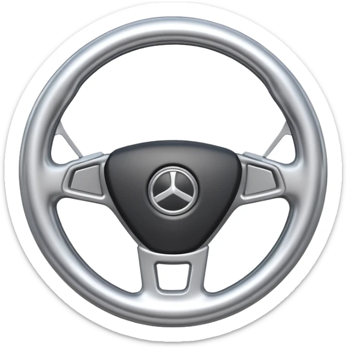 A futuristic steering wheel emoji made of silver chrome, minimal geometric design, smooth metallic surface, soft reflections, iOS emoji style, centered, clean white background sticker