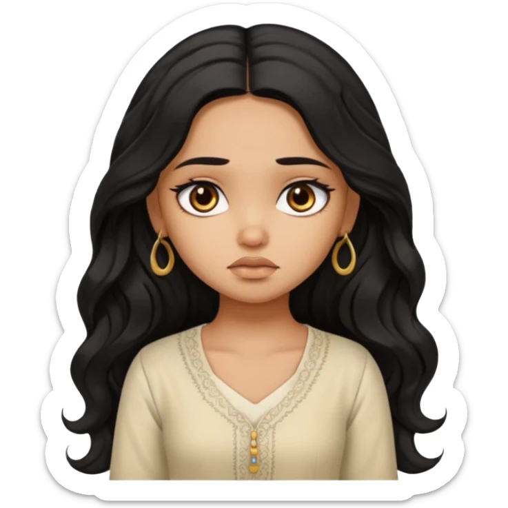 a pretty tan bratz girl with long wavy black hair, wearing a light kurti. looking sad sticker