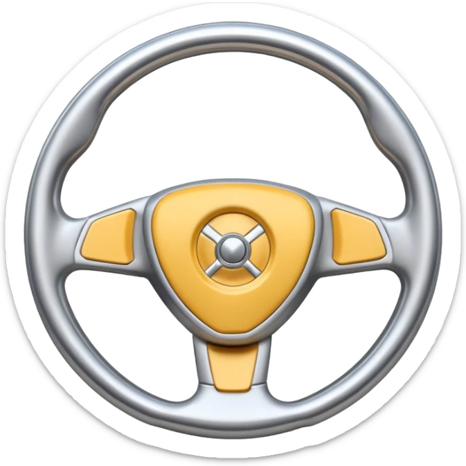 A futuristic steering wheel emoji made of silver chrome, minimal geometric design, smooth metallic surface, soft reflections, iOS emoji style, centered, clean white background sticker
