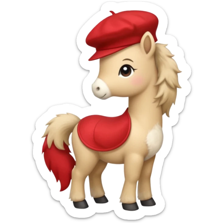 A cute pony (horse) emoji, full body, standing in side view, wearing a stylish red beret. sticker