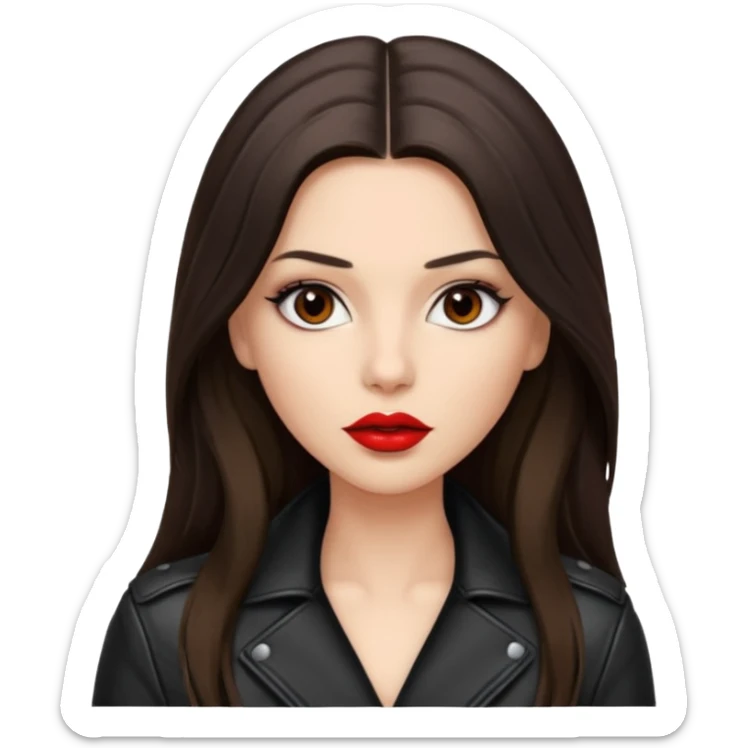 brunette with very long hair in black cuir jacket with red lips and very dark brown eyes sticker