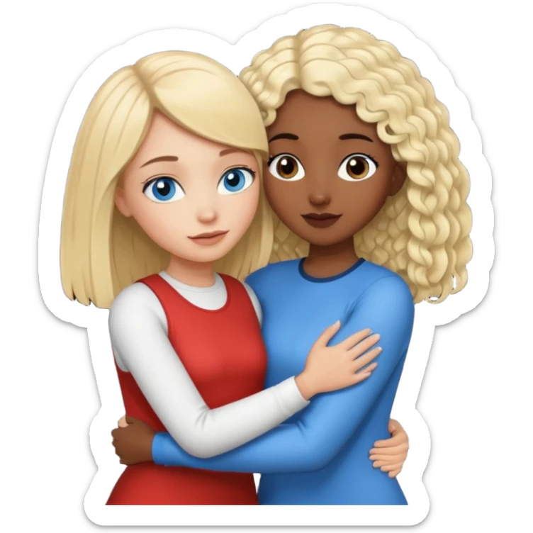 Girl best friends: one taller white girl with straight blond bob and blue eyesone shorter black girl with long black curly hair, hugging sticker