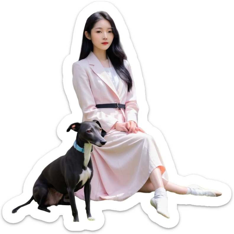 A beautiful 25-year-old Chinese woman with long black hair and a pure dark grey Italian Greyhound with absolutely NO white markings anywhere on its body sitting under a cherry blossom tree. The dog must be completely solid dark grey with no white on muzzle, paws, or chest. sticker